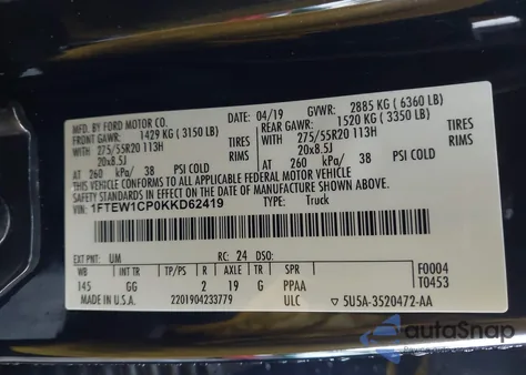 2019 Ford F150 Xl from USA, damaged, VIN 1FTEW1CP0KKD62419